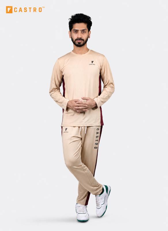 Men's Full Sleeve Premium Tracksuits Sets - BEIGE-MAROON